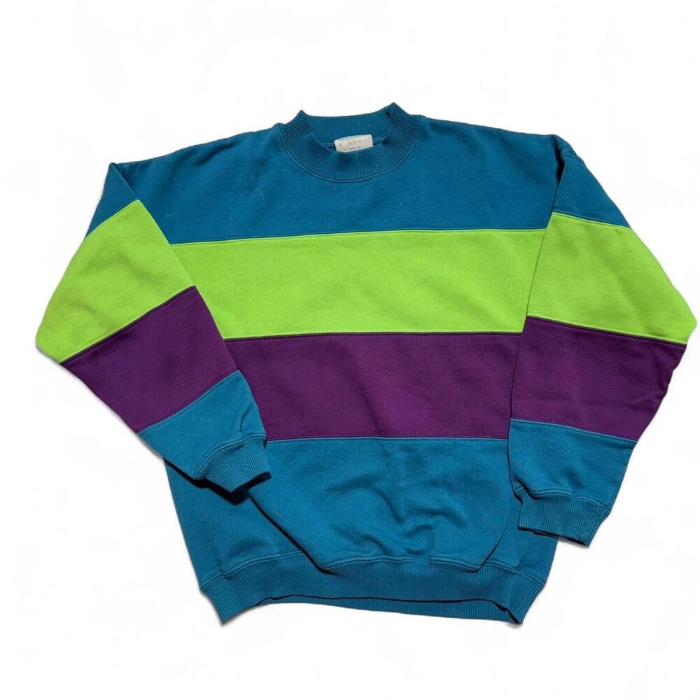 Vintage 90s Mervyns Cheetah Colorblock Striped Crewneck Sweatshirt Kids 10-12